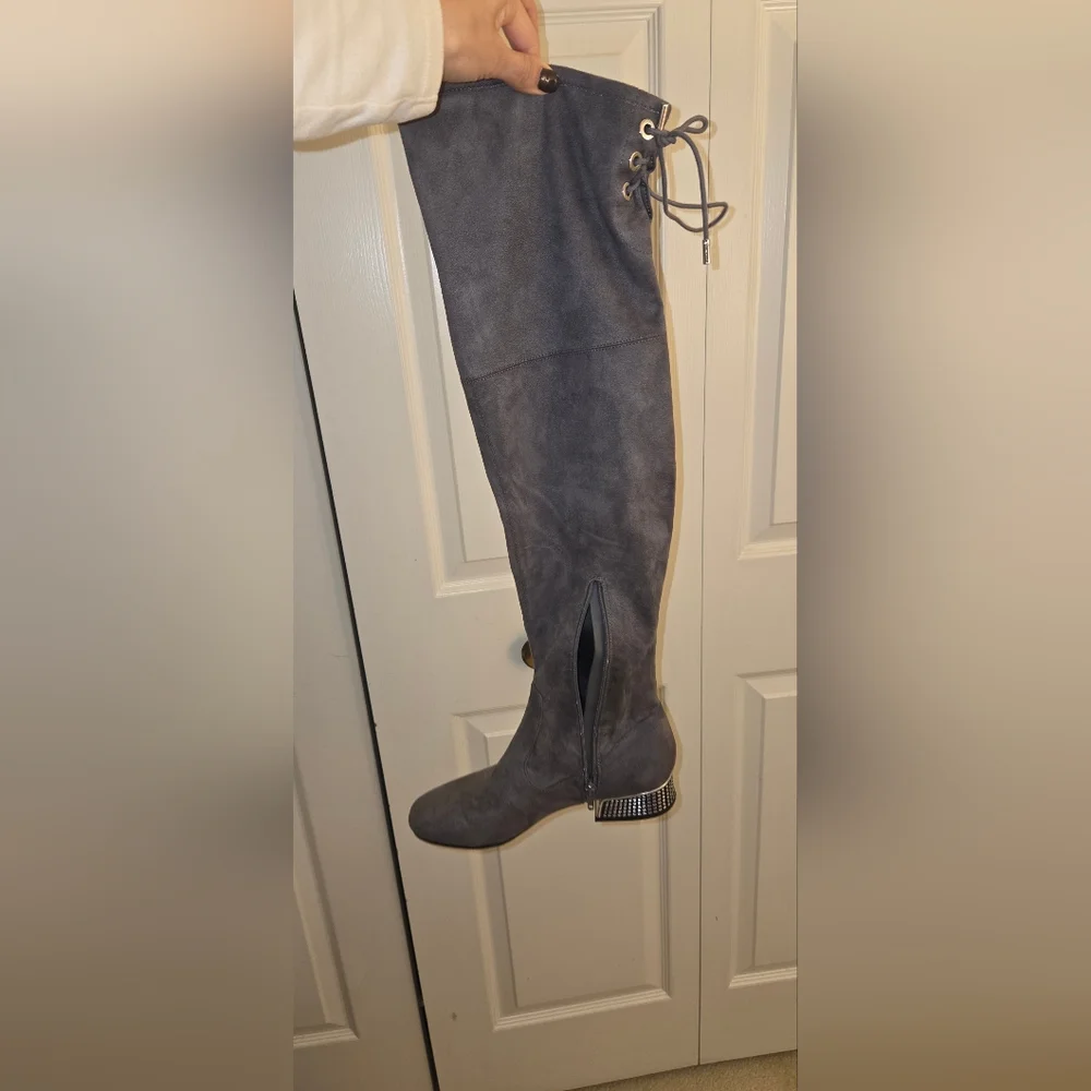 Gray Suede Over-the-Knee Boots - Picture 4 of 6